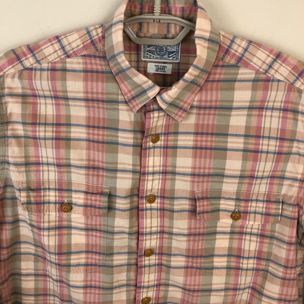 Lucky Brand Shirt Mens L Plaid Cotton Tan Pink Button Up Collared Long S…
